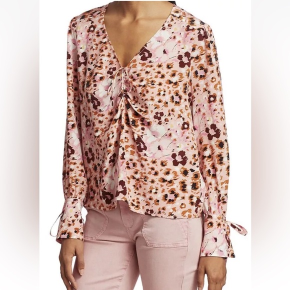 PAIGE GIULIANA Pink Brown Floral Leopard Print SILK Blouse - Picture 1 of 14